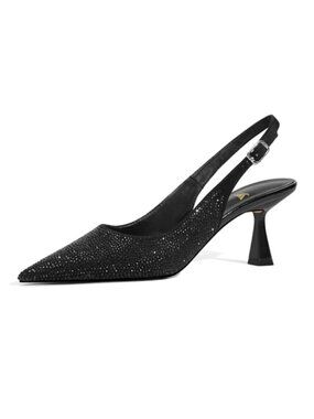 Kitten Heel Slingback Pumps Faux Leather Rhinestone Pointed Toe Dress Shoes